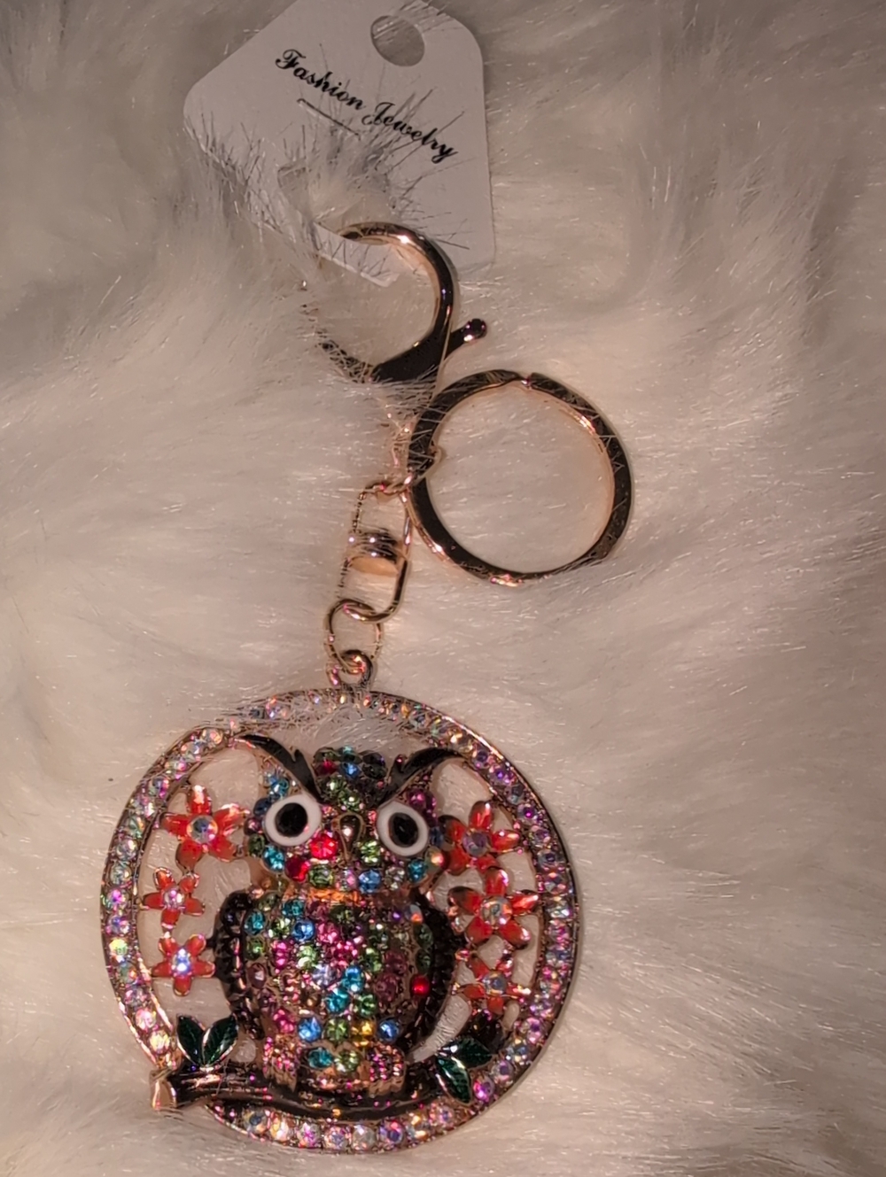 Multi Color Rhinestone Owl Keychain  Bag Charm In Rose Gold Tone